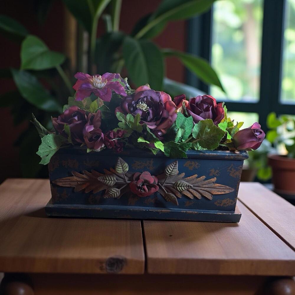 Artificial Floral Rose Floral Arrangement in 15.5" x 6.5" Decorative Metal Box